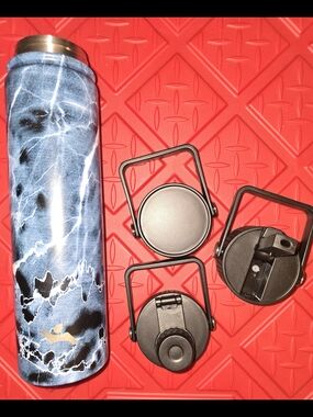NIB - Stainless Steel Blue Marble Travel Water Bottle with Three Lids